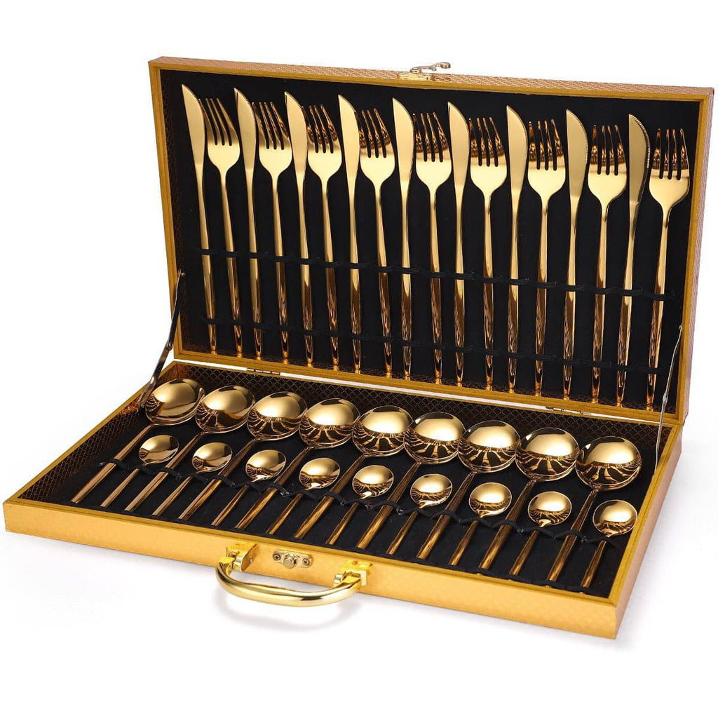 24pcs Gold Dinnerware Set Stainless Steel Tableware Set Knife Fork Spoon Luxury Cutlery Set Gift Box Flatware Dishwasher Safe - Quid Mart