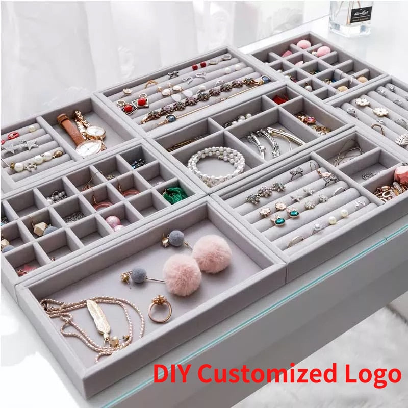 Handmade DIY Jewelry Box Drawer Storage Organizer Gray Soft Velvet Jewellery Earring Necklace Pendant Bracelet Tray 9 Options - Quid Mart