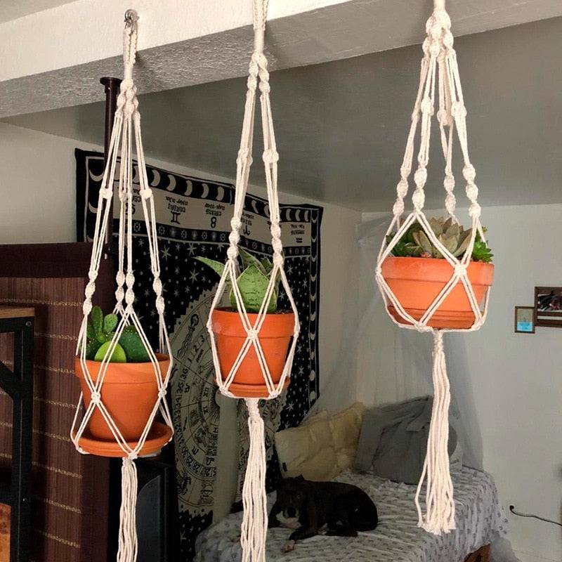 Macrame Handmade Plant Hanger Baskets Flower Pots Holder Balcony Hanging Decoration Knotted Lifting Rope Home Garden Supplies - Quid Mart