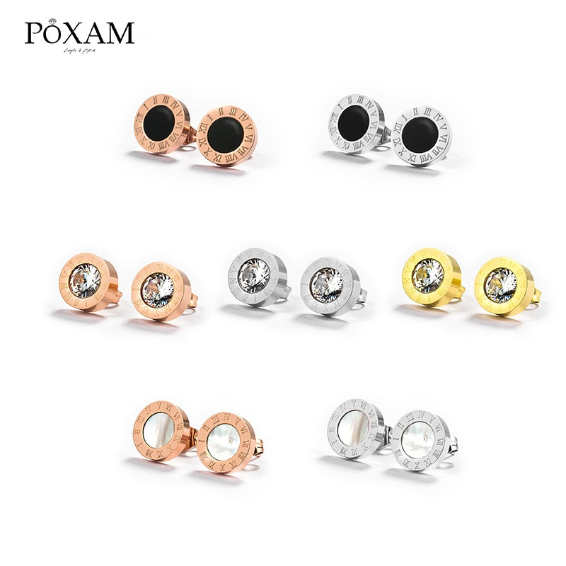 Korean Simple Statement Earrings Stainless Steel Stud Earrings For Women Vintage Roman Numeral Crystal Small Earing 2019 Jewelry - Quid Mart