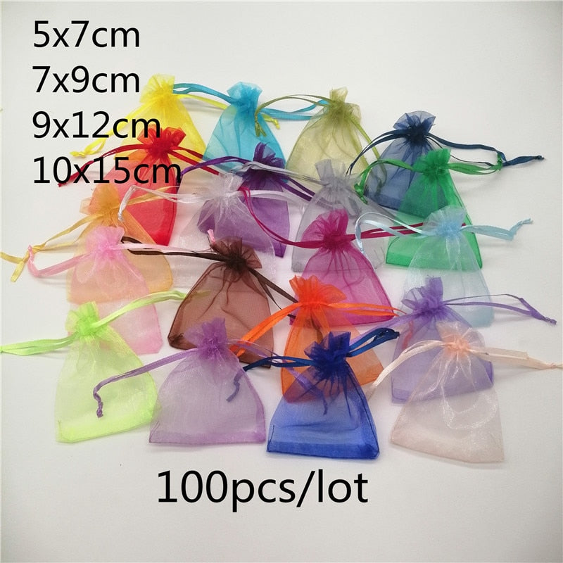 100pcs/lot 5x7/7x9/10x15cm Organza Jewelry Bags Pouch Organza Drawstring Bag Jewelry Packaging For Jewelry Pouches Jewellery Bag - Quid Mart