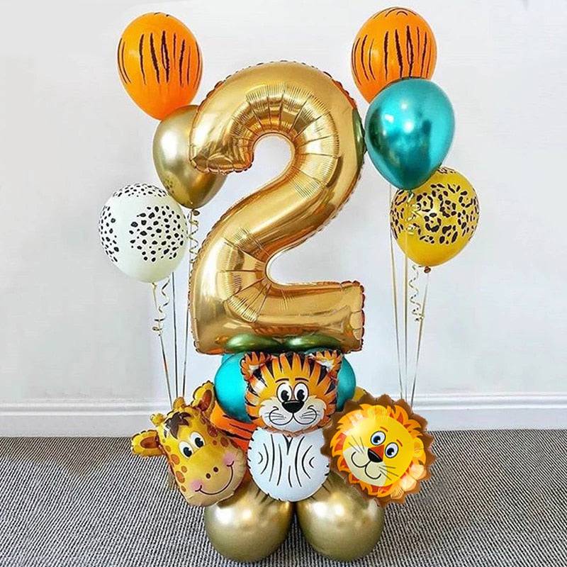 18Pcs Jungle Animal Balloons Set Chrome Metallic Latex Balloon 32inch Gold Number Globos Kids Birthday Party Baby Shower Decor - Quid Mart