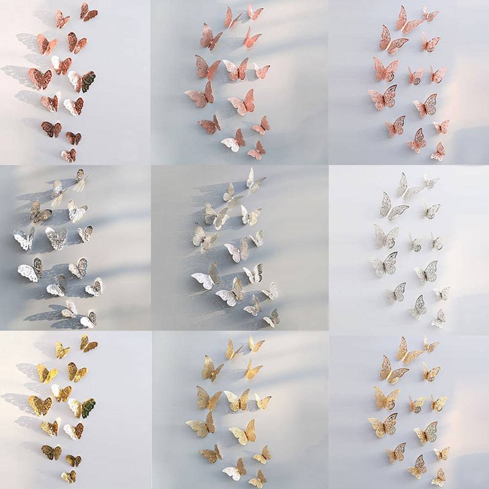 12Pcs/Set Hollow 3D Butterfly Wall Stickers For Wedding Decoration Living Room Window Home Decor Gold Silver Butterflies Decals - Quid Mart