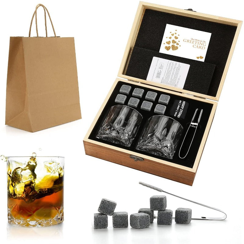 Whiskey Stones &amp; Glasses Set, Granite Ice Cube For Whisky, Whiski Chilling Rocks In Wooden Box, Best Gift For Dad Husband Men - Quid Mart