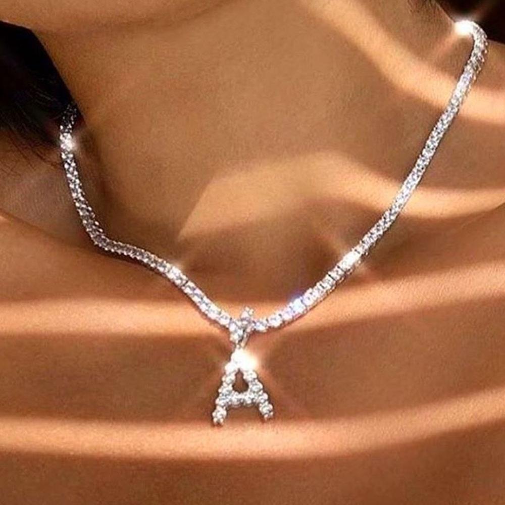 Caraquet Ice out A-Z Letter Initial Pendant Necklace Silver Color Tennis Chain Choker Necklace Female Fashion Statement Jewelry - Quid Mart