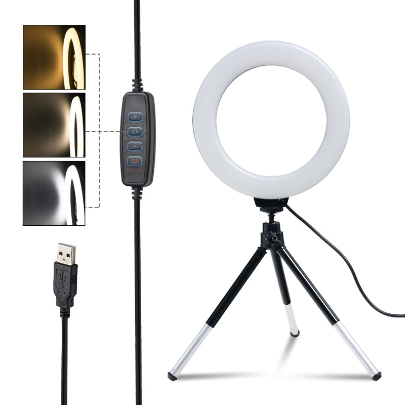 SH 16cm 6 inch Ring Light With Tripod Stand Usb Charge Selfie Led Lamp Dimmable Photography Light For Photo Photography Studio - Quid Mart