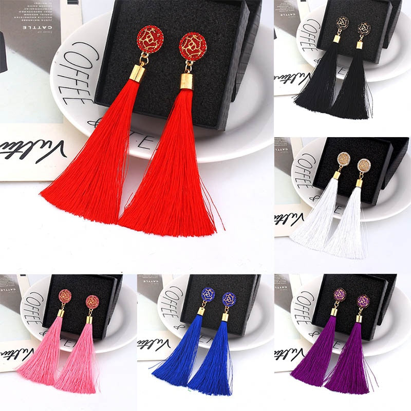 Women Bohemian Crystal Long Tassel Dangle Earrings For Girl Red White Silk Fabric Drop Rose Flower Earring Fashion Jewelry - Quid Mart