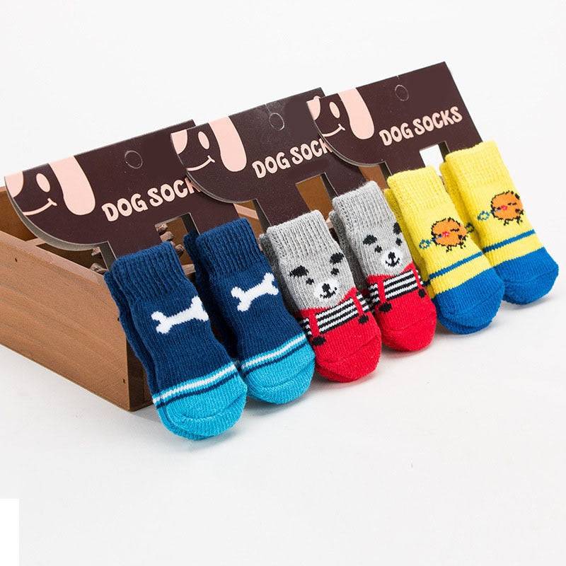 4Pcs Warm Puppy Dog Shoes Soft Pet Knits Socks Cute Cartoon Anti Slip Skid Socks For Small Dogs Breathable Pet Products S/M/L - Quid Mart