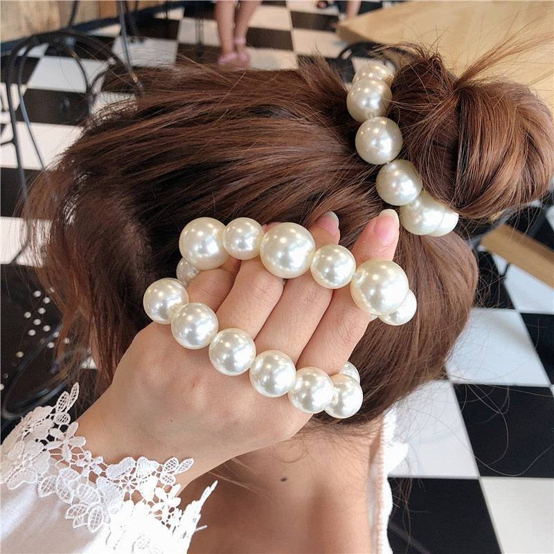 Woman's Big Pearl Hair Ties - Korean Style Hairband Scrunchies - Quid Mart
