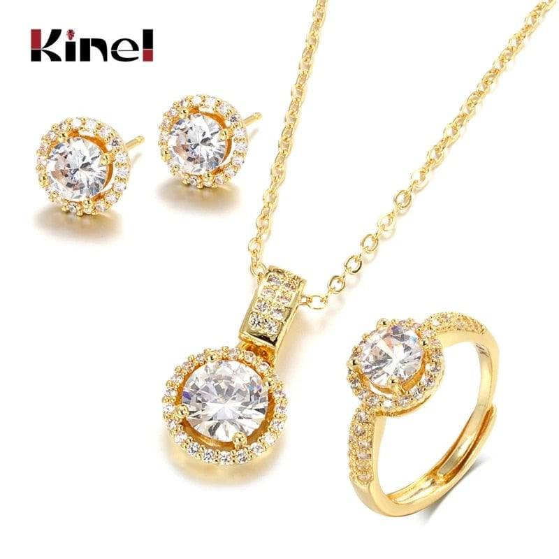 Kinel 18K Gold Zircon Bridal Jewelry Set: Ring, Necklace, Earrings - Quid Mart