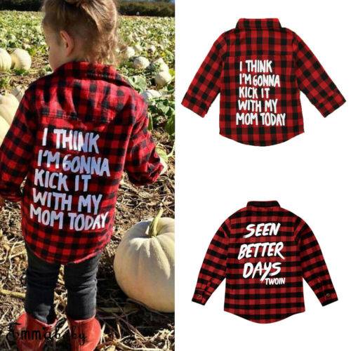 Pudcoco Toddler Kids Baby Boy Girl Plaid Letter Long Sleeve Cotton Tops Shirt - Quid Mart