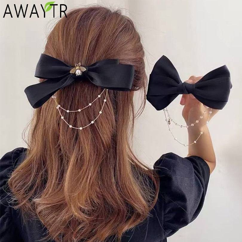 AWAYTR Bow Pearls Chain Barrettes: Women's Hair Accessories - Quid Mart