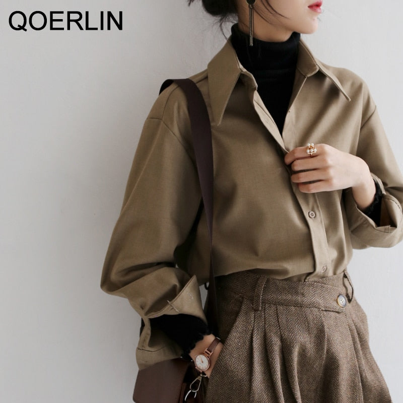QOERLIN Coffee Blouse Women Solid Long Sleeve Shirt Loose OL Style S-XL - Quid Mart