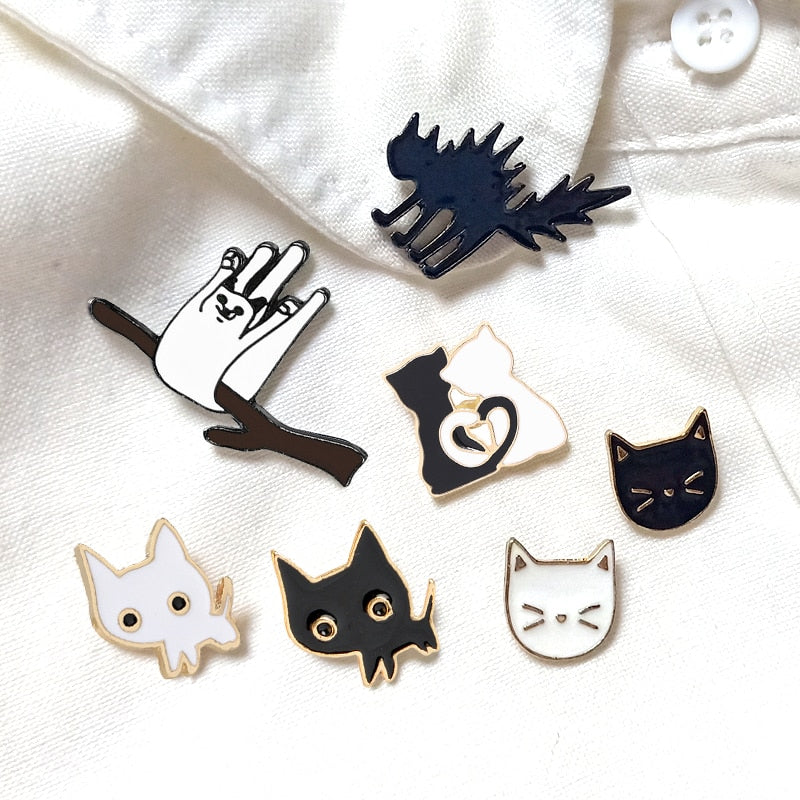 Cartoon Animal Brooches Black White Couple Cat Fish Bone Enamel Pins Clothes Collar Lapel Pin Bag Metal Badges Jewelry For Lover - Quid Mart