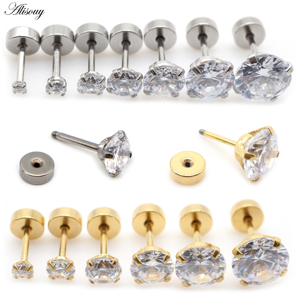 Alisouy 2pcs Stainless steel Unisex Women Men Round Crystal Zircon Ear Studs Earrings  4 Prong Tragus Cartilage Piercing Jewelry - Quid Mart