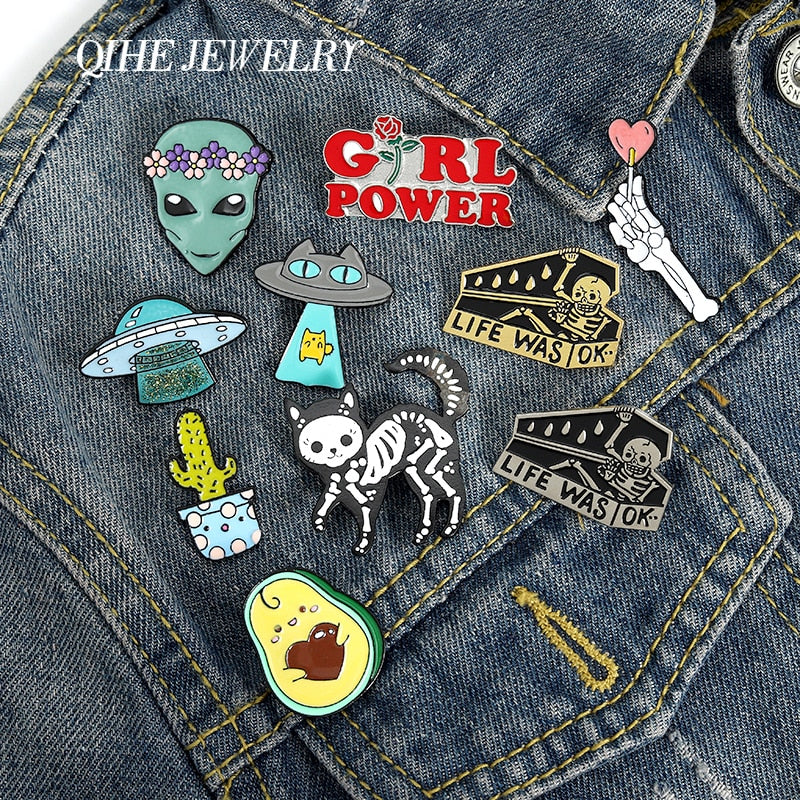 QIHE JEWELRY Skeleton Cat Enamel Lapel Pins Alien Avocado Cute Brooches Badges Fashion Pins Gifts for Friends Pins Wholesale - Quid Mart