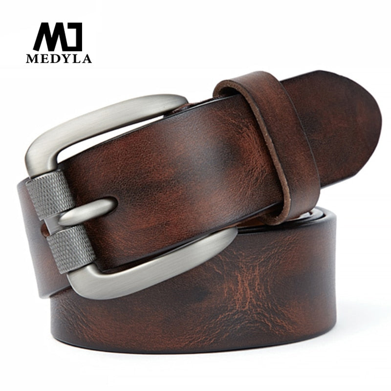 MEDYLA Men's Natural Leather Vintage Belt - Sturdy Buckle, Suitable for Jeans - Quid Mart