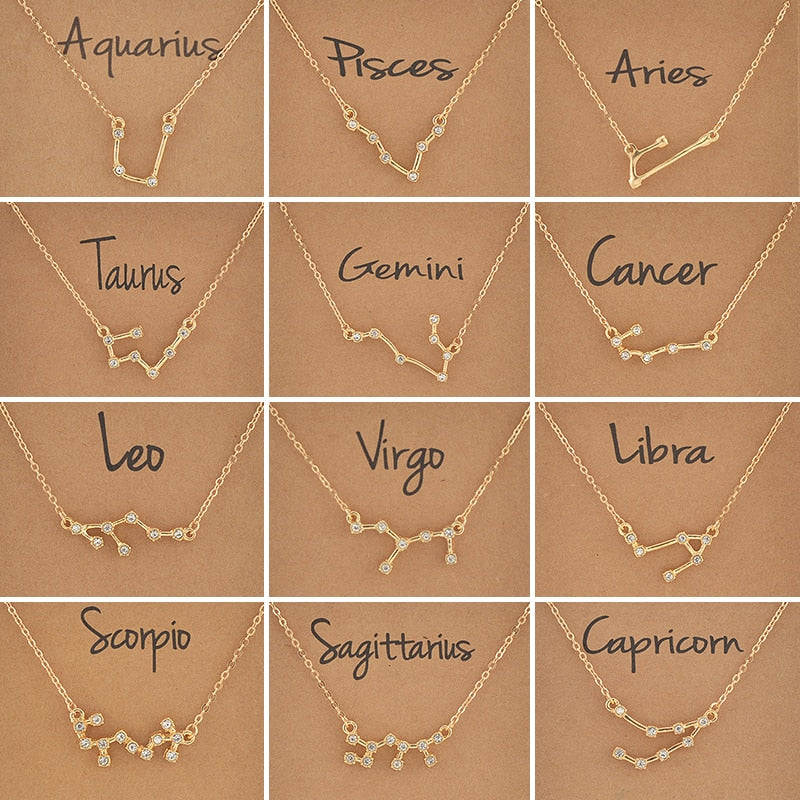 Cardboard Star Zodiac Sign 12 Constellation Necklaces Crystal Charm Chain Choker Necklace for Women Birthday Jewelry Gift - Quid Mart