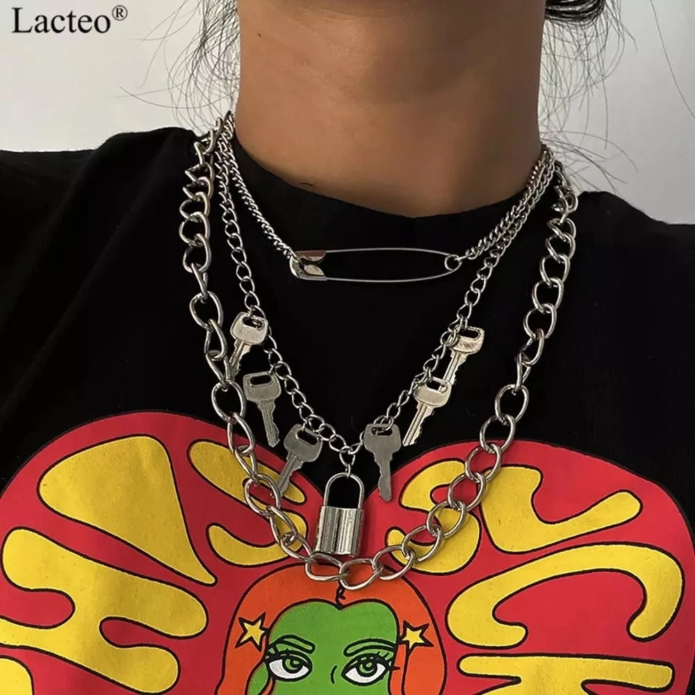 Lacteo Dark Gothic Big Lock Key Angel Pendant Necklace Punk Hip Hop Three Style Choker Necklace Jewelry for Men and Women Gift - Quid Mart