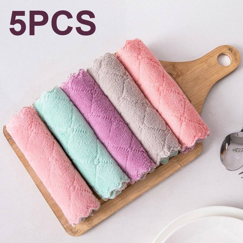 5pcs Double-layer Absorbent Microfiber Kitchen Dish Cloth Non-stick Oil Household Cleaning Cloth Wiping Towel Home Kichen Tool - Quid Mart