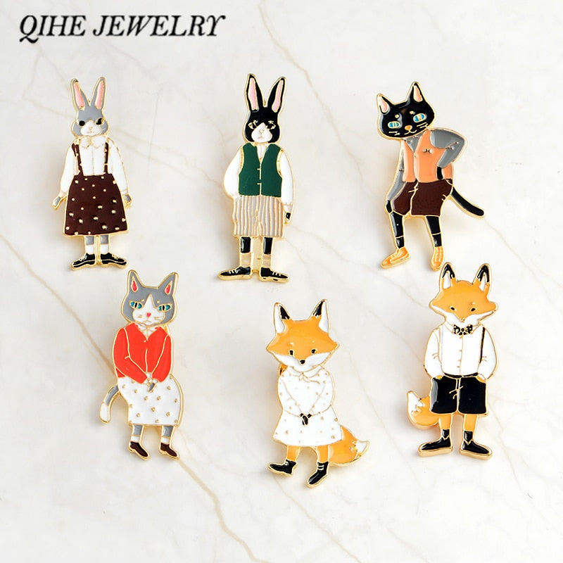 QIHE JEWELRY Pins and brooches Rabbit/Fox/Cat couple enamel pin Badges Hat Backpack Accessories Lovers jewelry Gift for lover - Quid Mart
