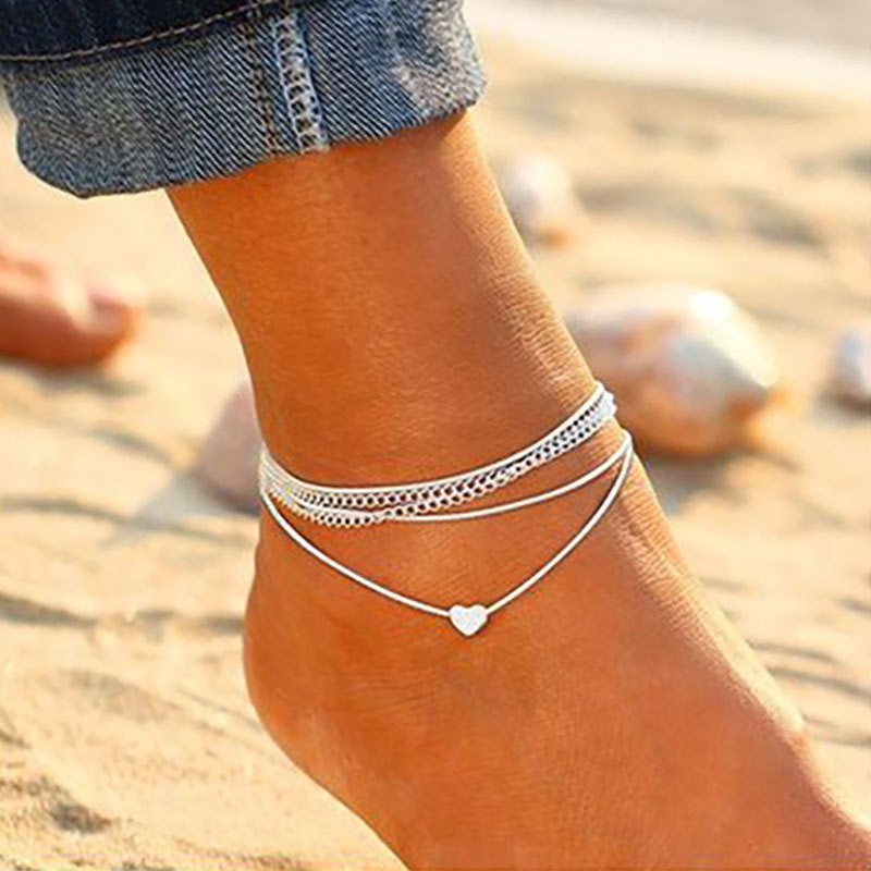 Bohemian Silver Color Anklet Bracelet On The Leg Fashion Heart Female Anklets Barefoot For Women Leg Chain Beach Foot Jewel - Quid Mart