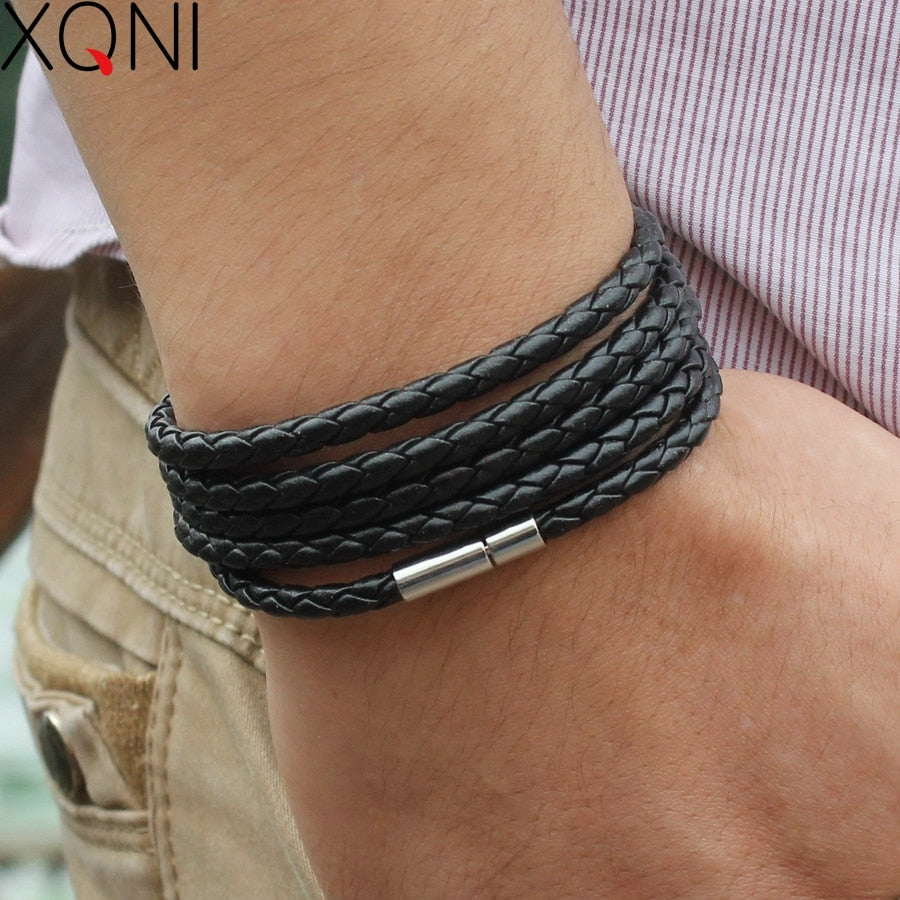 XQNI brand black retro Wrap Long leather bracelet men bangles fashion sproty Chain link male charm bracelet with 5 laps - Quid Mart
