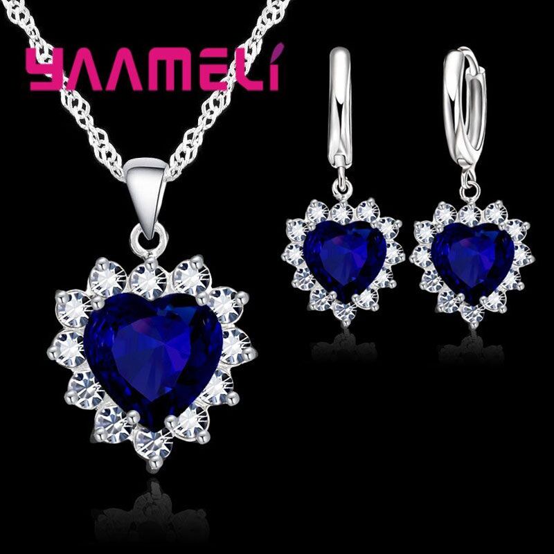 Trendy 925 Sterling Silver Jewelry Set for Women Heart CZ Stone Charm Pendants Necklaces Earrings LOVE Anniversary Gift - Quid Mart