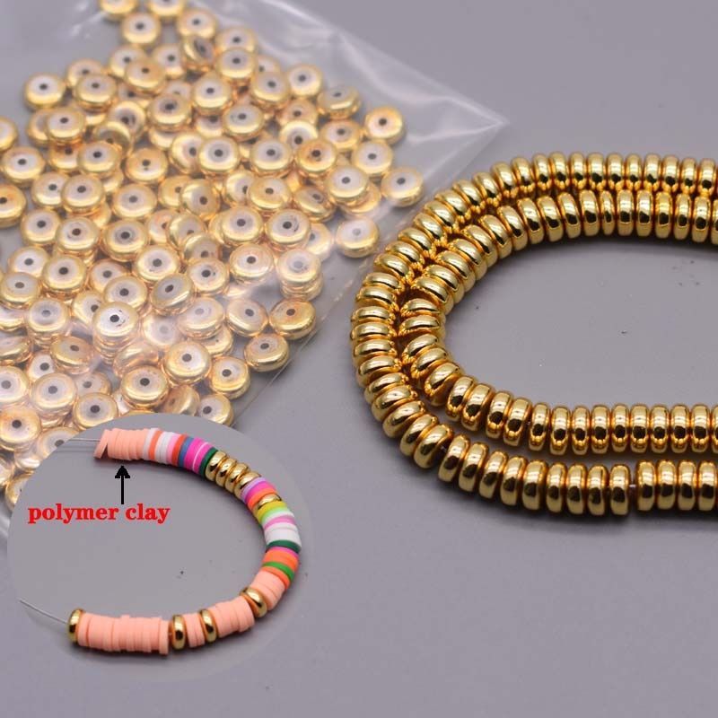 Wholesale 6mm Hematite Stone Flat Round Spacer Beads Gold Color Loose Spacer Beads for Jewelry Making Fit DIY Bracelet - Quid Mart