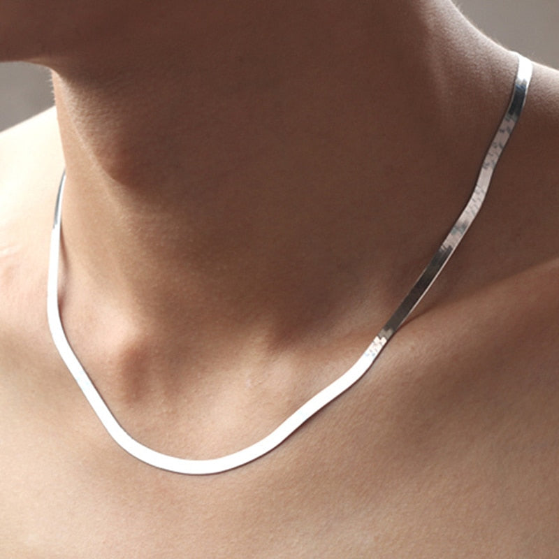 925 Sterling Silver Color Necklace 4MM Snake Chain Men &amp; Women Couple Sterling Silver Jewelry Blade Chain - Quid Mart
