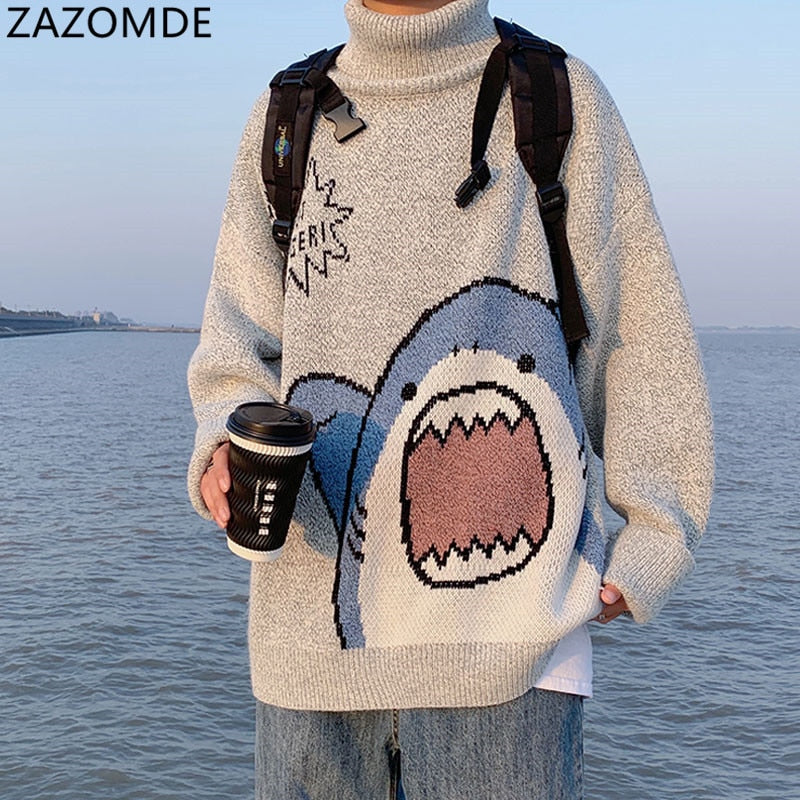 ZAZOMDE Men's Shark Sweater: 2023 Harajuku Style, High Neck, Grey - Quid Mart
