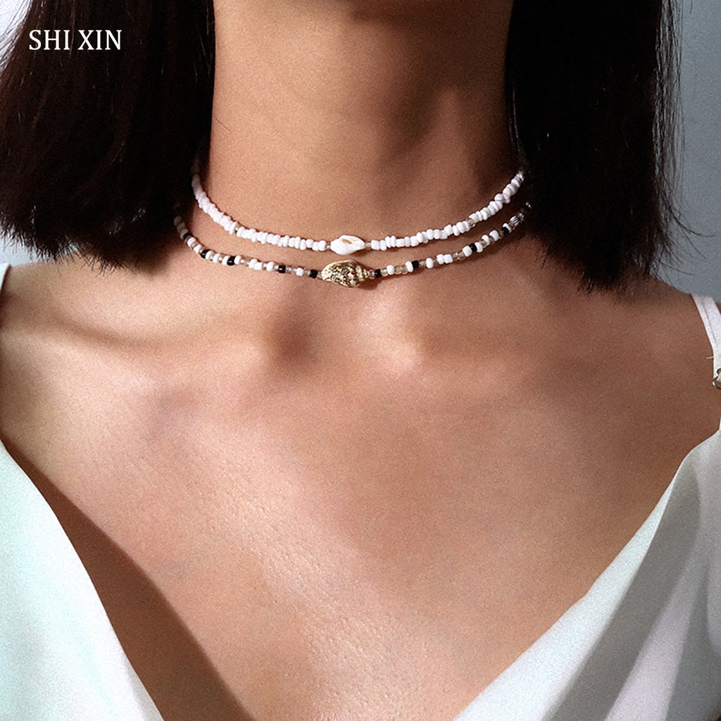 SHIXIN Separable 2 Layered White/Black Beads Necklaces Korean Small Beaded Conch Shell Choker Necklace for Women Fashion Collar - Quid Mart