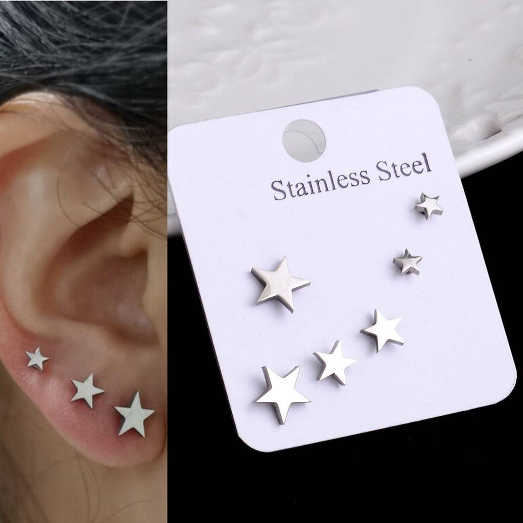Stainless Steel Butterfly Moon Star Stud Earrings Set - Minimalist Jewelry - Quid Mart