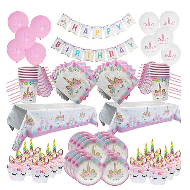 WEIGAO Unicorn Decoration Birthday Party Decor Kids Unicorn Disposable Tableware set Baby Shower Girl Birthday Party Supplies - Quid Mart