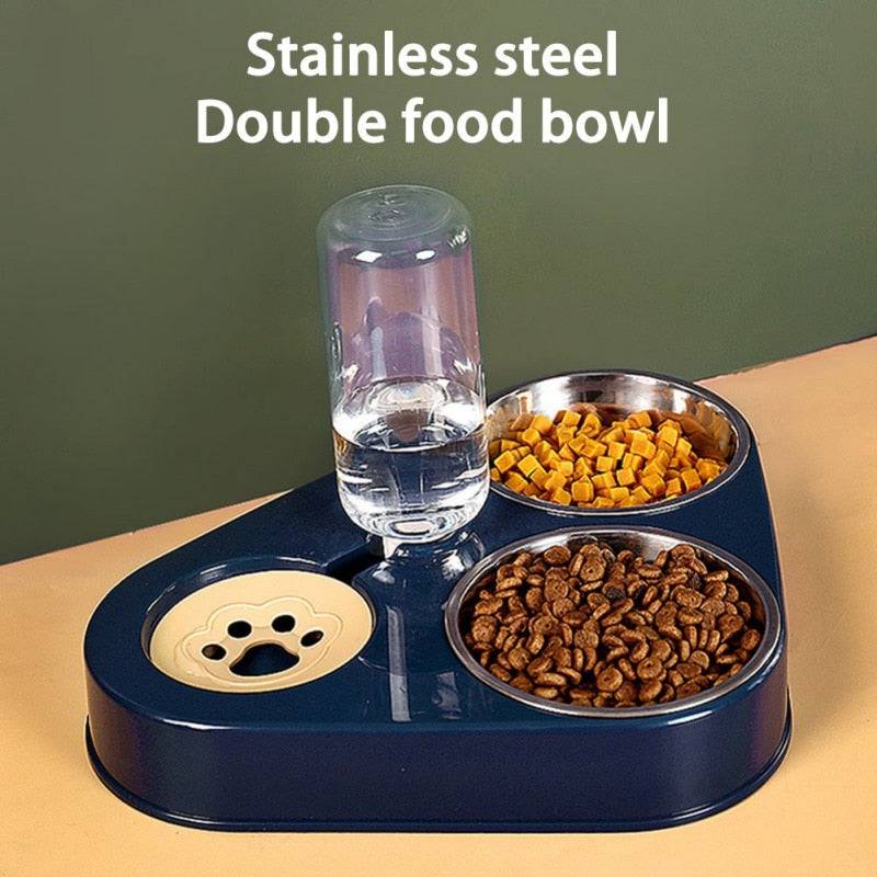 Cuenco de acero inoxidable para perros y gatos, comedero automático con botella de agua para perros, tazón de comida para gatos, tazón doble de 3 tazones, 500ML - Quid Mart