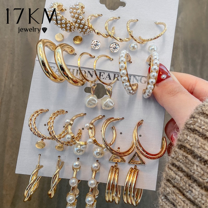 17KM Pearl Hoop Earrings Set For Women Geometric Metal Gold Color Butterfly Circle Hoop Earrings Trendy Jewelry Fashion Earring - Quid Mart