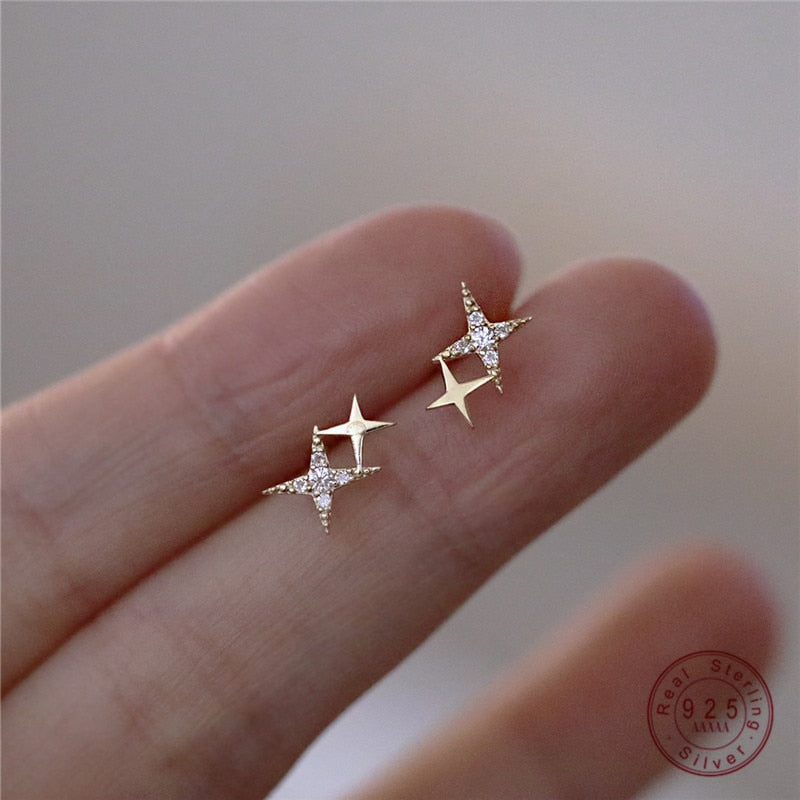 925 Sterling Silver Japanese Micro Inlaid Crystal Four-Pointed Star Plating 14k Gold Earrings Women Small Cute Banquet Jewelry - Quid Mart
