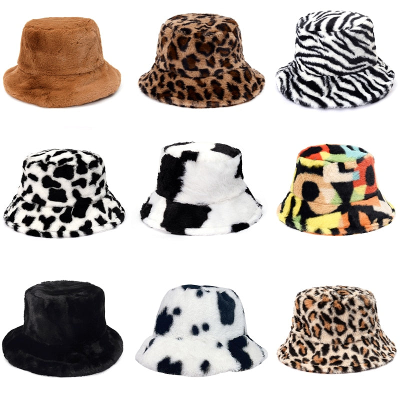 Winter Cow Leopard Faux Fur Fluffy Bucket Hats Women Outdoor Warm Sun Hat Soft Velvet Furry Fisherman Cap Girl Fashion Panama - Quid Mart