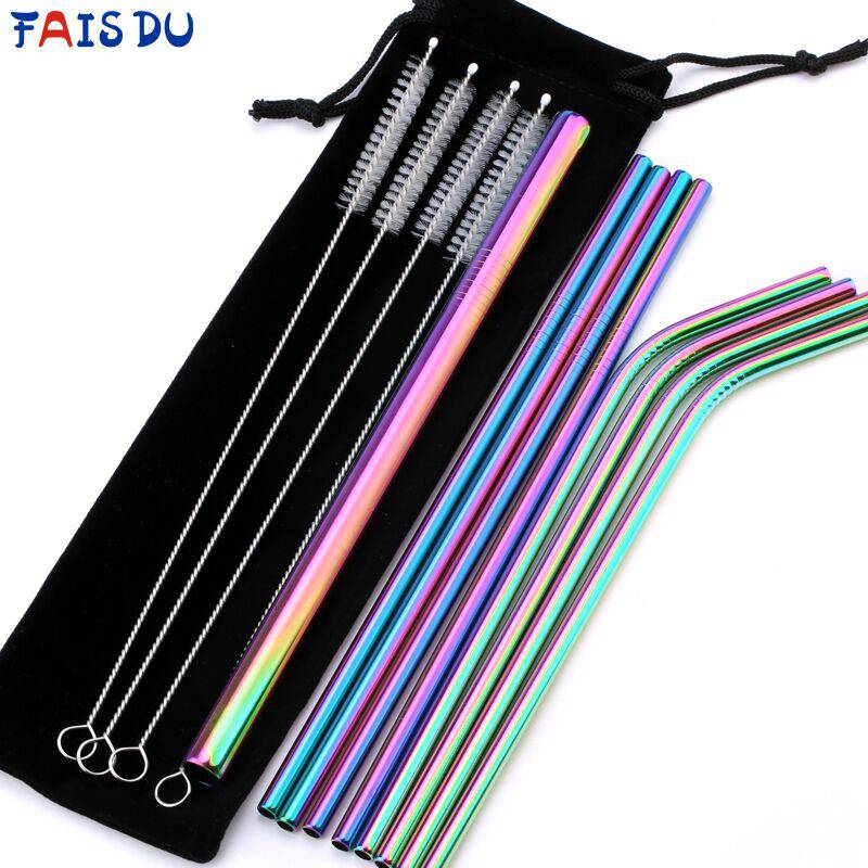 Metal Reusable 304 Stainless Steel Straws Straight Bent Drinking Straw With Case Cleaning Brush Set Party Bar accessory - Quid Mart