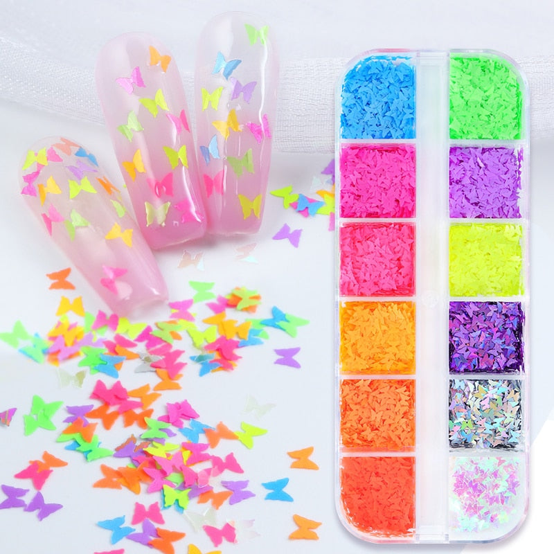 Fluorescence Butterfly Heart Fruits Various Shapes Nail Art Glitter Flakes 3D Colourful Sequins Polish Manicure Nail Decoration - Quid Mart