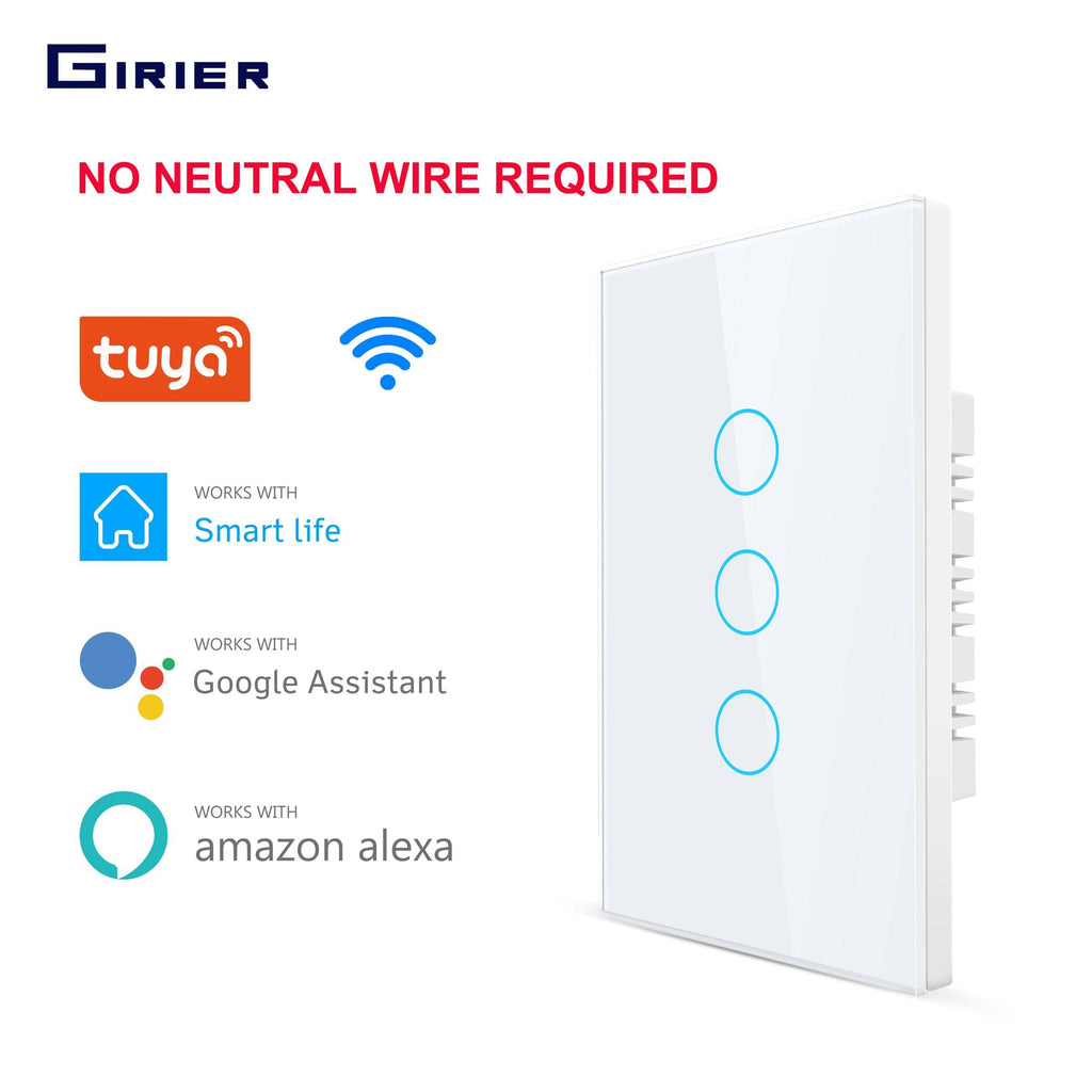 Smart Wifi Touch Switch No Neutral Wire Required Smart Home 1/2/3 Gang Light Switch 220V Support Alexa Tuya App 433RF Remote - Quid Mart