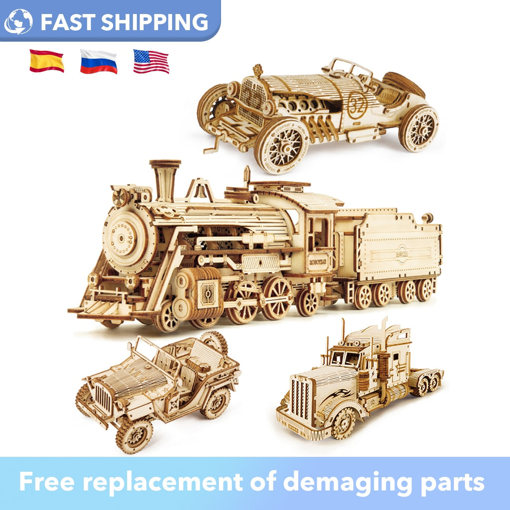 Robotime Rokr Wooden Mechanical Train 3D  Puzzle Car Toy Assembly Locomotive Model Building Kits for Children Kids Birthday Gift - Quid Mart