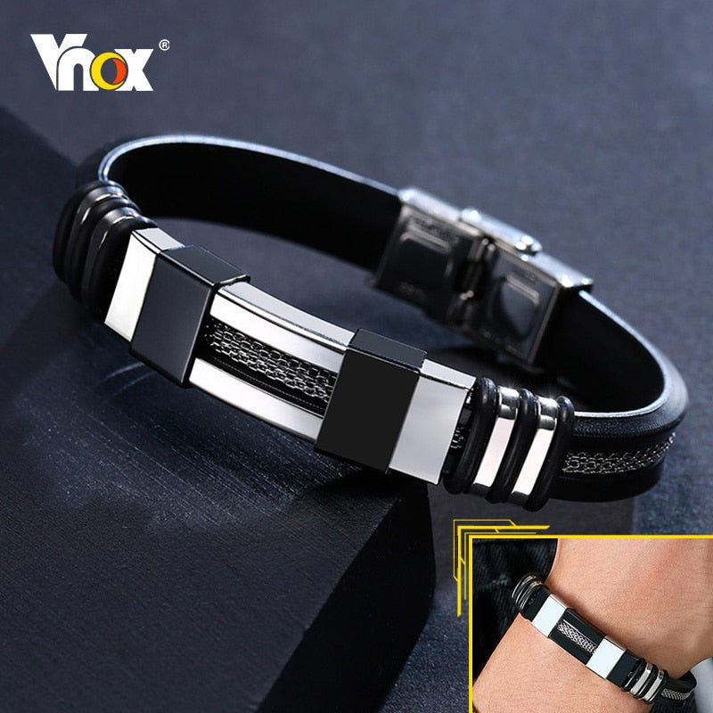 Vnox Stainless Steel Bracelet Men Wrist Band Black Grooved Rudder Silicone Mesh Link Insert Punk Wristband Stylish Casual Bangle - Quid Mart