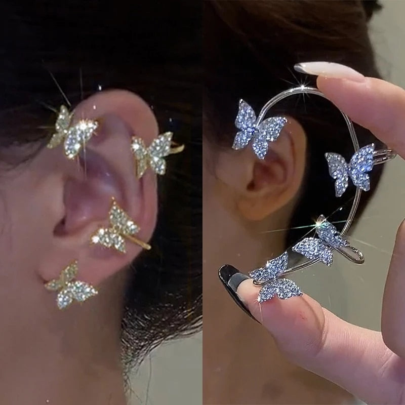 Shining Zircon Butterfly Ear Cuff Earrings for Women Girls Fashion 1pc Non Piercing Ear Clip Ear-hook Party Wedding Jewelry Gift - Quid Mart