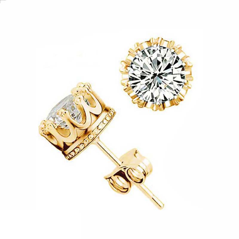 Fashion Jewelry Crown Women Classic Shining Zircon Small Stud Earrings Gold Color Ears Stud For Men Crystal Earrings WE132 - Quid Mart