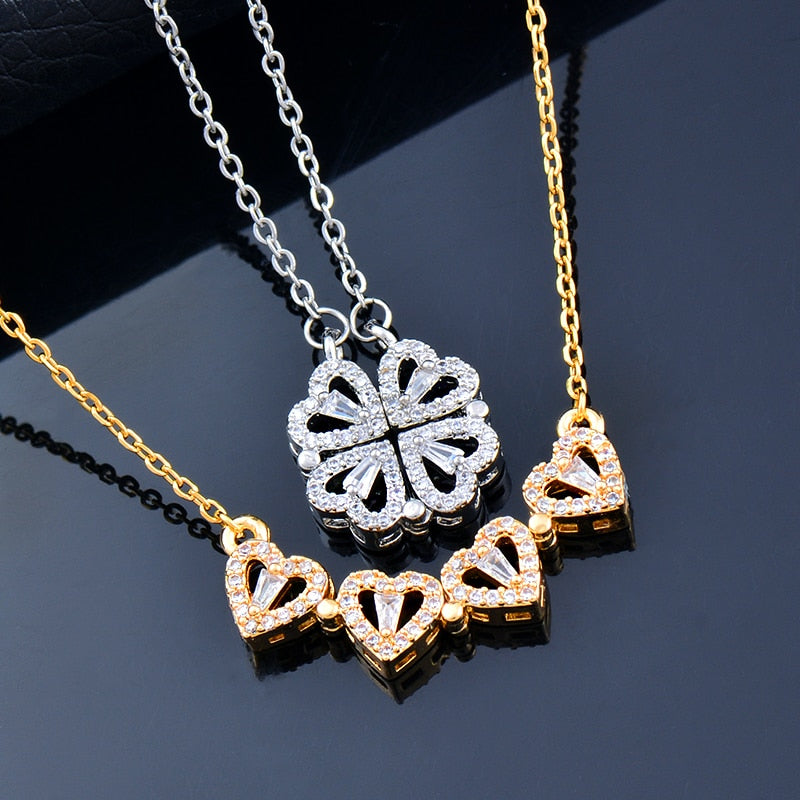 SINLEERY Unusual together 4 crystal heart flower pendant stainless steel necklace gold silver color chain XL333 ZD1 SSK - Quid Mart