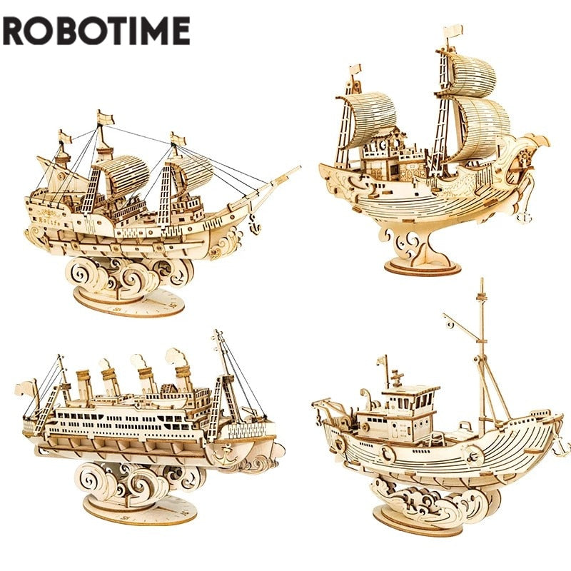 Robotime New 4 Kinds DIY Vintage Sailing Ship 3D Wooden Puzzle Game Assembly Boat Toy Gift for Children Teens Adult TG - Quid Mart