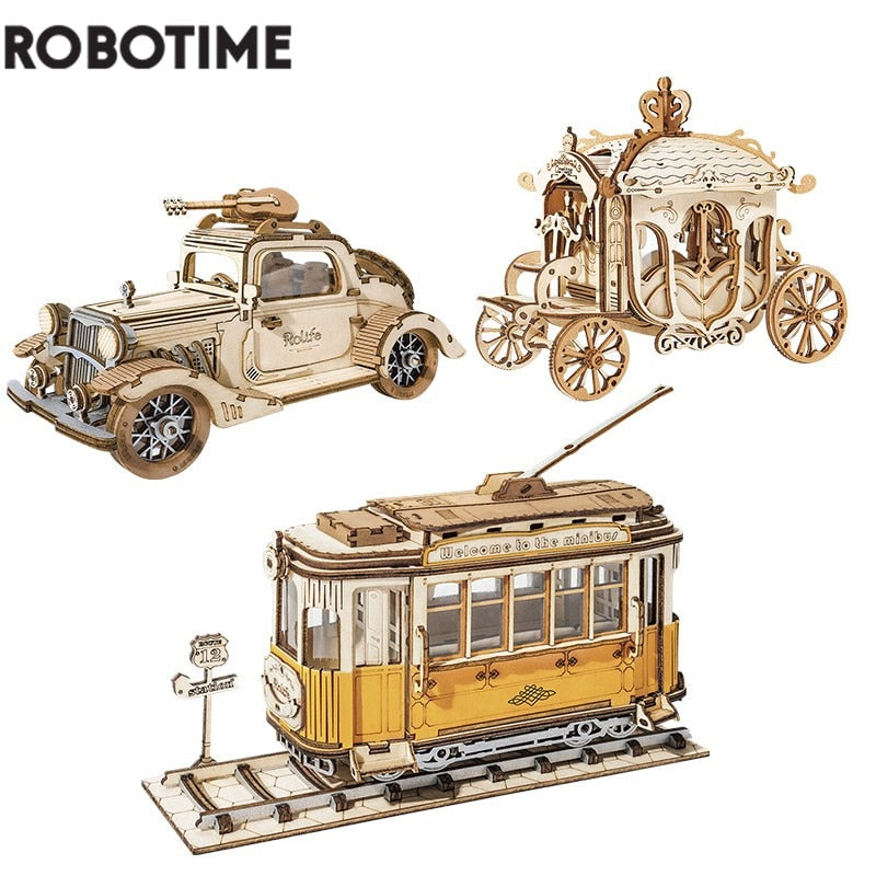 Robotime 3 Kinds DIY 3D Transportation Wooden Model Building Kits Vintage Car Tramcar Carriage Toy Gift for Children Adult - Quid Mart