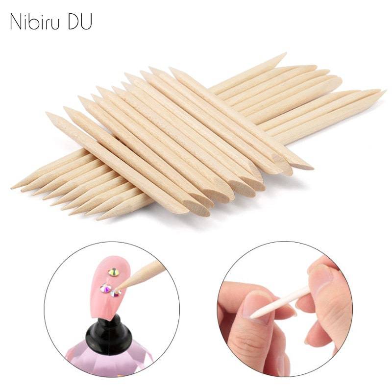 50/100 Wooden Cuticle Pusher Remover Nail Art Design Orange Wood Sticks Rhinestones Dotting Removal Manicure Pedicure Care Tools - Quid Mart