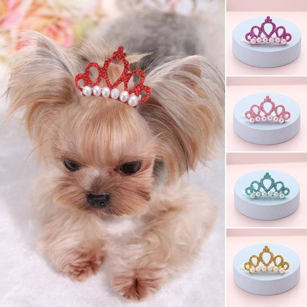 Pet Small Dogs Cat Faux Pearl Crown Shape Bows Hair Clips Head Decoration For Pets Puppy Hairpins Decor Grooming Accessoires - Quid Mart
